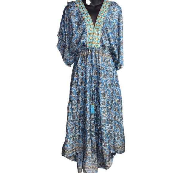 Dresses & Skirts - boho-style paisley print maxi dress V-neckline bell sleeves xl blue women